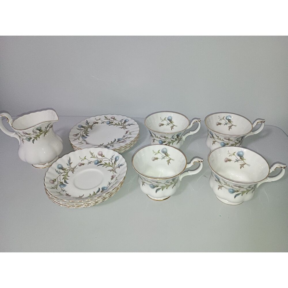 ROYAL ALBERT Vintage Brigadoon Bone China Trio Set Cup, Saucer, Plate & Milk Jug